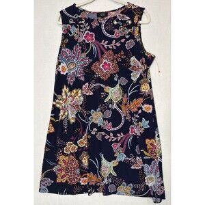 Designer MSK Petite Navy Floral Shift Dress PXL Grommet Details Boho 70s Retro
